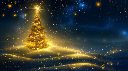 Naklejka premium Christmas gold tree with star in snow background.