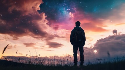 A solitary figure gazes up at a stunning sky painted with hues of pink, purple, and blue at dusk, surrounded by nature's beauty in a vast landscape