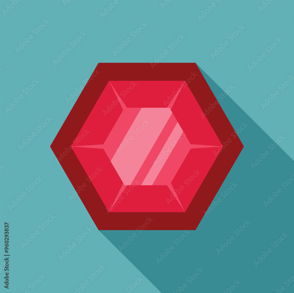Poster red hexagon gemstone shining with light reflections on a blue background