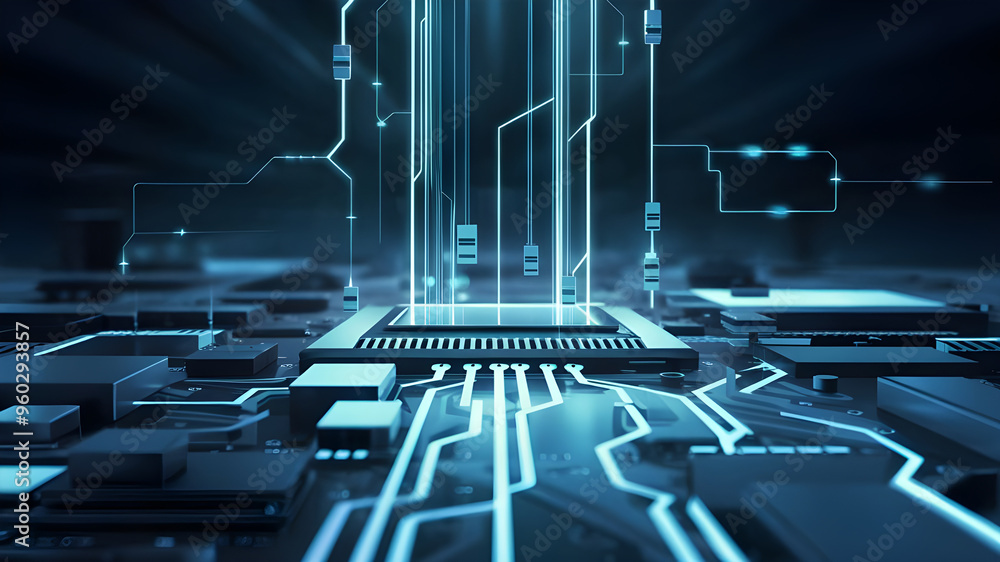 Fototapete futuristic circuit board with central processor. a captivating image of a complex circuit board, sho