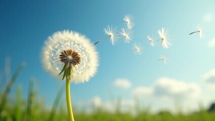 Naklejka premium Dandelion flower with seeds flying by wind with clear blue sky landscape background.