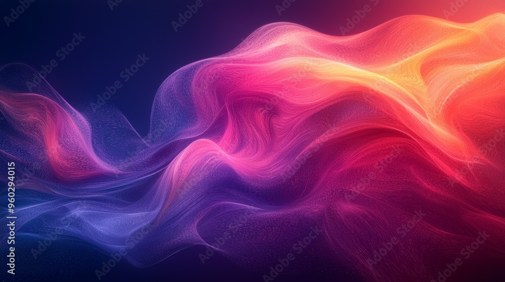 Poster Colorful abstract waves of fabric flow in a dynamic display of movement and light against a dark background