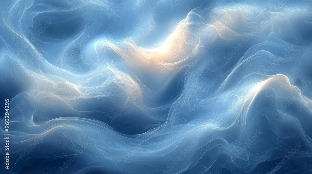 Poster soft translucent wisps of blue and white swirling together in an ethereal pattern, creating a serene