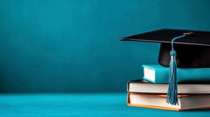 A close-up of a graduation cap resting on a stack of books, symbolizing academic achievement and educational success.