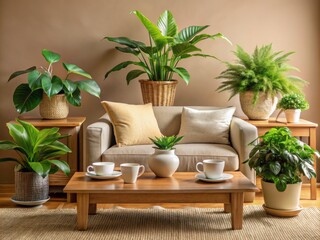 A cozy living room adorned with lush plants and stylish furniture, creating a serene and welcoming atmosphere.