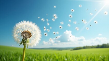 Dandelion flower with seeds flying by wind with clear blue sky landscape background.