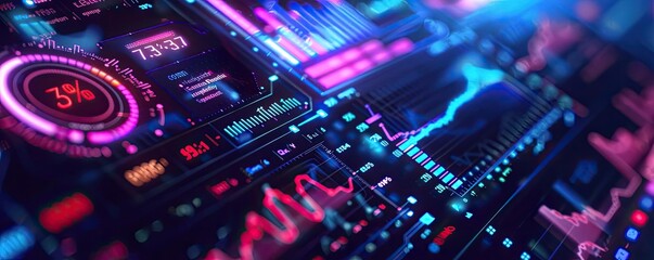 Fototapeta premium Futuristic digital interface displaying vibrant graphs and statistics. Ideal for technology, finance, and data analysis themes.