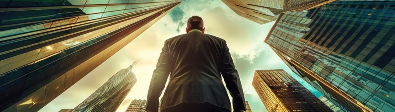 A businessman stands beneath towering skyscrapers, gazing up at the bright sky, embodying ambition and urban life.