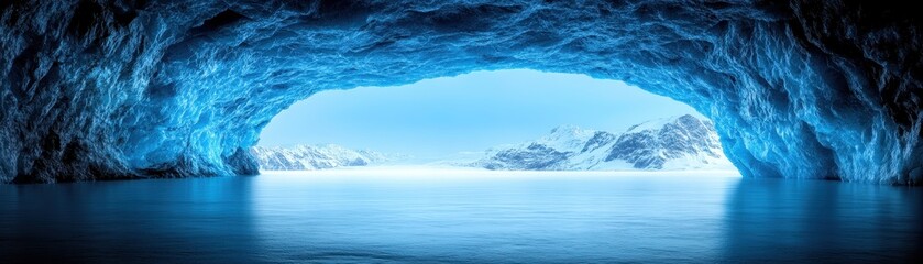 A stunning ice cave with glowing blue hues, offering a glimpse of serene waters and majestic ice formations, perfect for nature lovers.