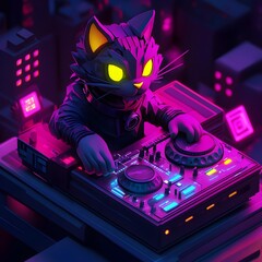 Fototapeta premium Confident Feline DJ Operates Turntable in Neon Lit Nightclub Digital Art Render