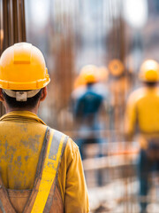 Workmen in hard hats and reflective safety jackets going to work at sunrise on a construction site