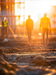 Workmen in hard hats and reflective safety jackets going to work at sunrise on a construction site