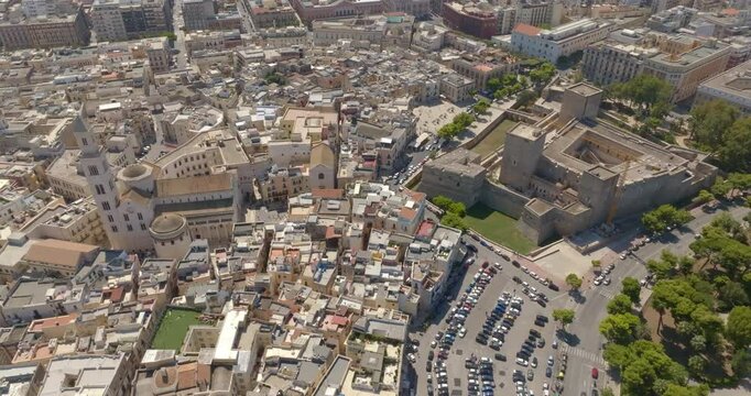 Aerial view of the Norman-Swabian castle and Basilica of Saint Sabinus located in Bari, Puglia, Italy. The fortress and Bari Cathedral are located in the historic center of the city, called Old Bari.