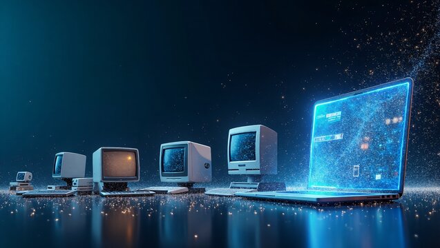 Computer revolution, evolution of technology with images of old computers transforming into modern, sleek devices, representing digital transformation and innovation.