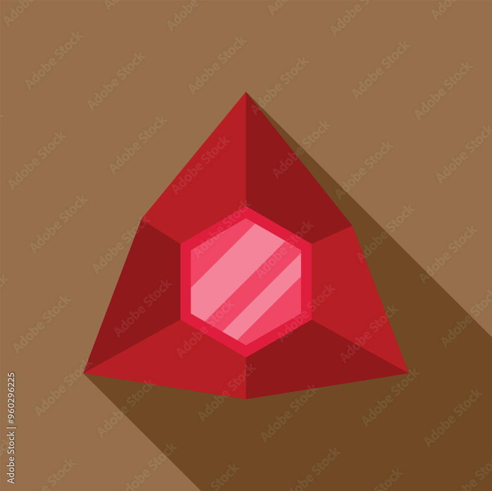 Poster red triangular gemstone casting a long shadow on a brown surface
