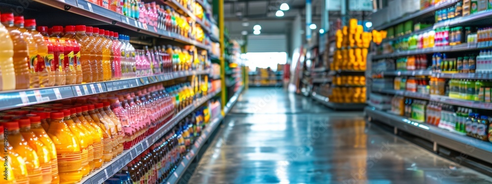 Poster supermarket juice aisle with colorful beverage bottles on display