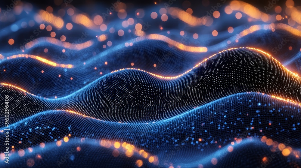 Poster Abstract digital wave patterns illuminated by warm lights, creating a mesmerizing flow effect against a dark background