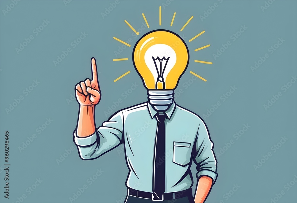 Poster a cartoon man with a lightbulb for a head points upward, representing a bright idea.