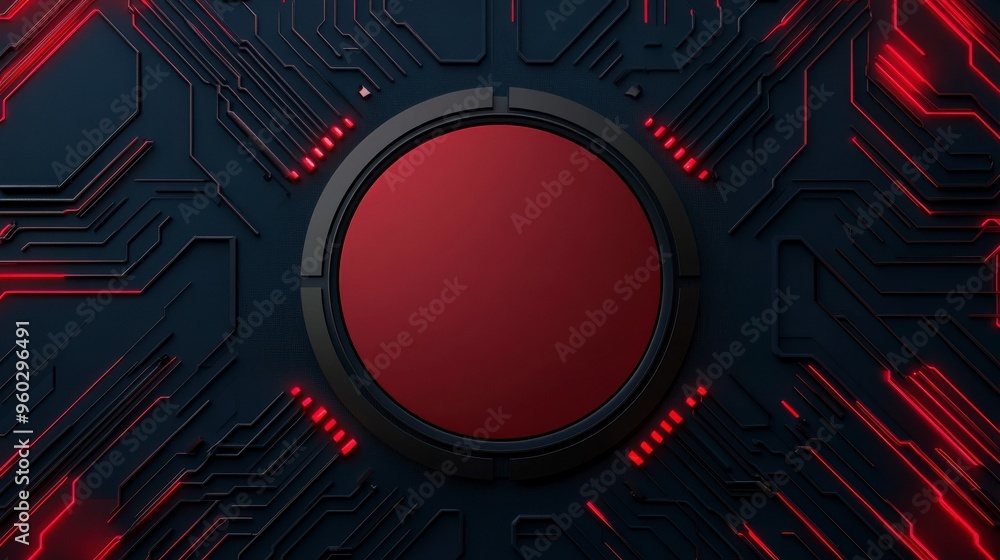 Wall mural futuristic abstract technology background with a circular red element, overlaid on intricate dark ci