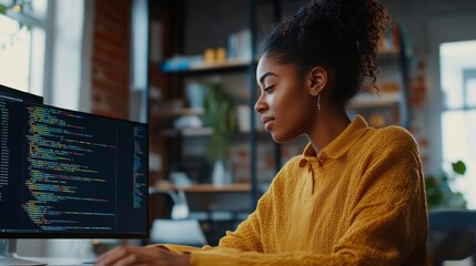 Focused software developer in vibrant yellow sweater intently coding at dual-screen setup, surrounded by modern office ambiance with natural light and plants.
