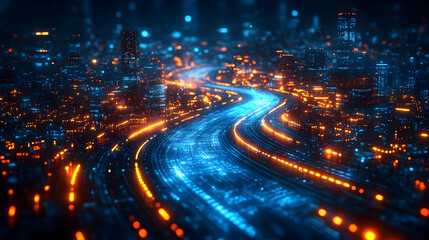 Futuristic cityscape with glowing roads and buildings at night.