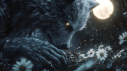 Obraz premium Werewolf Gardener Tending Moonflower Garden Under Full Moonlight in Magical Realism Macro