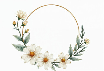  Isolated watercolor floral frame with daisies on white background with space for text