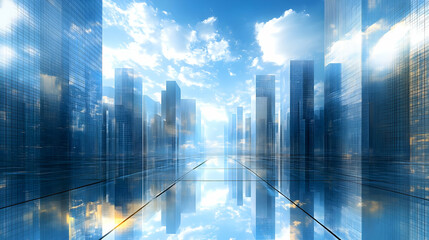 Futuristic cityscape with reflective surfaces and bright skies.