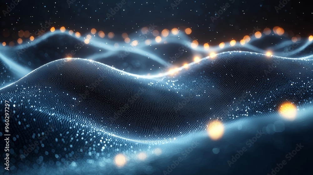 Aufkleber a mesmerizing landscape of glowing particles creating waves in a dark environment at night