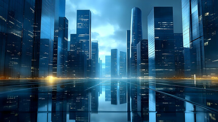Obraz premium Futuristic cityscape with reflective surfaces and towering skyscrapers.