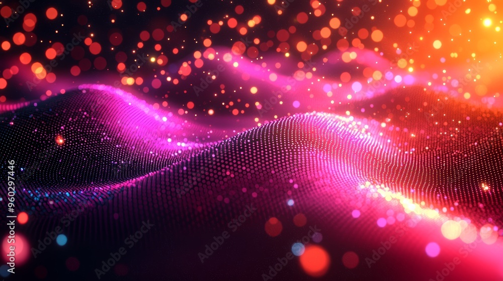 Poster colorful digital wave pattern with shimmering particles creating an abstract background at twilight