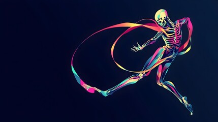 Minimalist Skeletal Gymnast Twisting with Vibrant Ribbon in Futurist Inspired Expressionistic Style