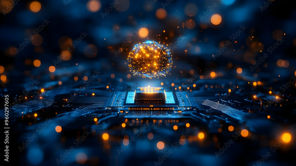 Poster futuristic digital circuit with glowing particles above a chip.
