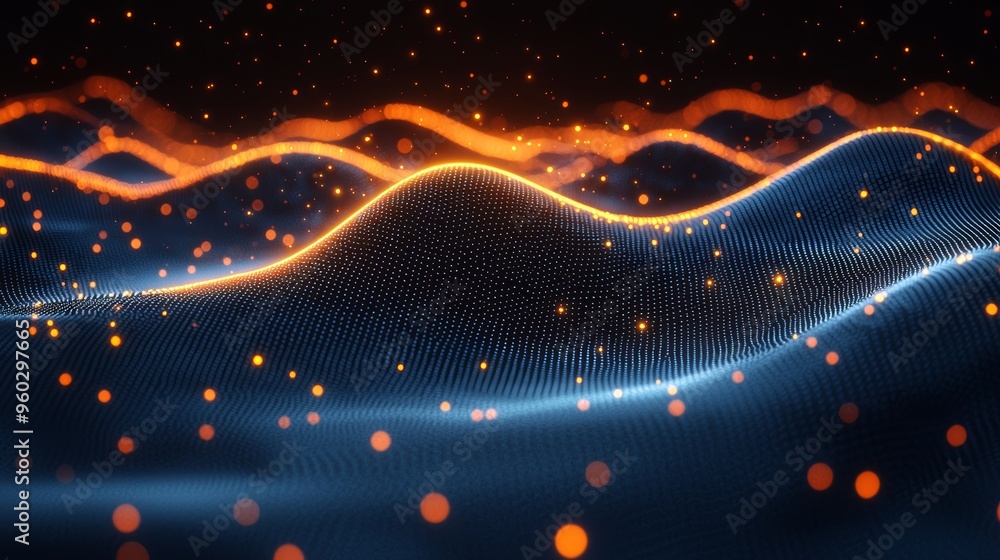 Poster dynamic waves of light and particles flow gracefully against a dark background in an abstract digita