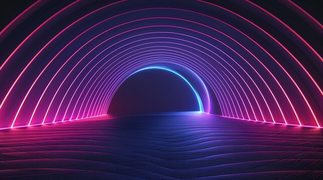 A vibrant neon archway radiates vivid colors, creating a mesmerizing atmosphere that captivates the viewer's imagination.