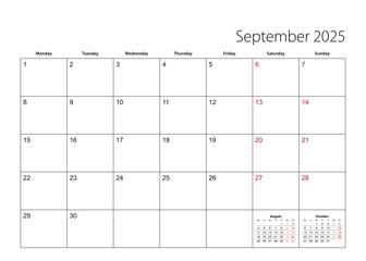 September 2025 simple calendar planner, week starts from Monday.