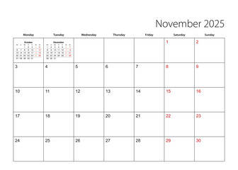November 2025 simple calendar planner, week starts from Monday.