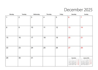 December 2025 simple calendar planner, week starts from Monday.
