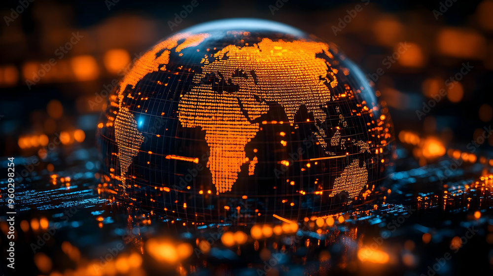 Poster globe representation with digital circuits, symbolizing technology.