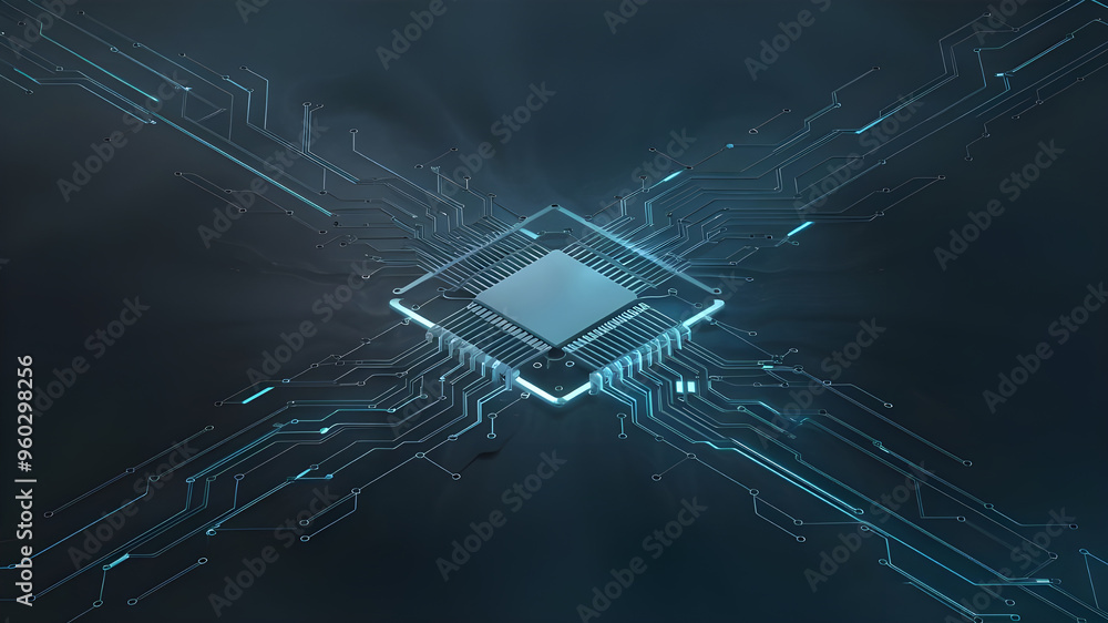 Poster futuristic circuit board with central processor. a captivating image of a complex circuit board, sho