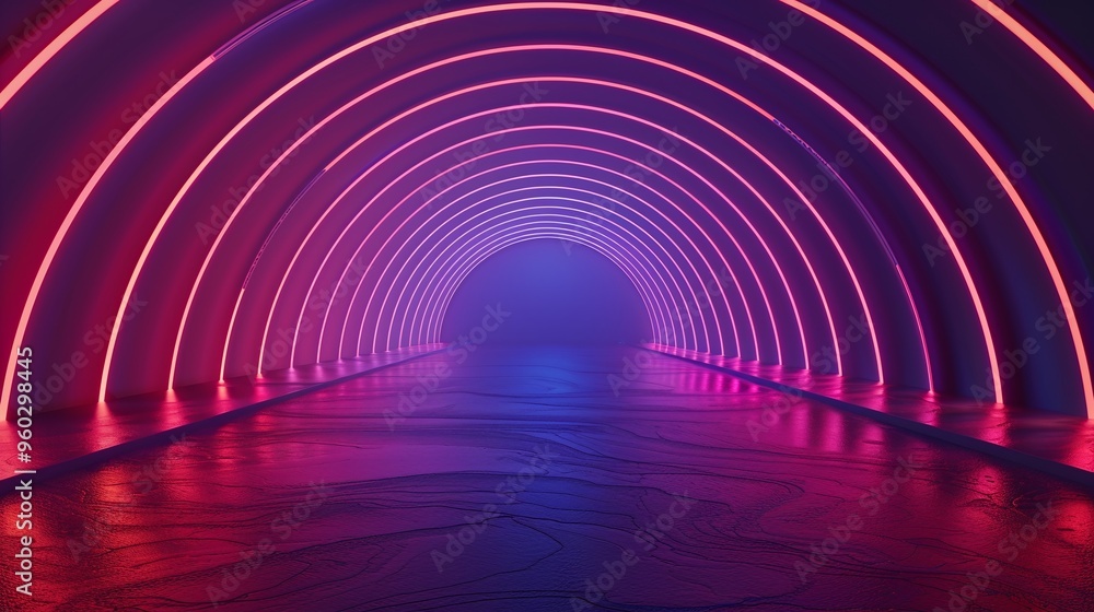 Poster a vibrant neon tunnel with glowing arches, creating a captivating atmosphere of light and color, per