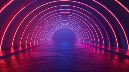 A vibrant neon tunnel with glowing arches, creating a captivating atmosphere of light and color, perfect for modern design projects.