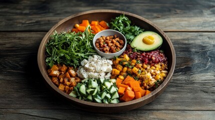 Vibrant salad bowl featuring fresh vegetables, grains, and toppings, perfect for healthy meals and culinary inspiration.