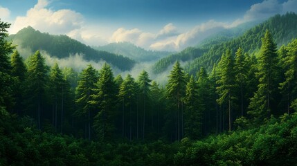 Fototapeta premium A serene forest landscape showcasing lush green trees and misty mountains under a clear blue sky, perfect for nature lovers.
