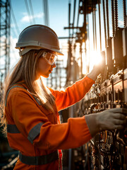 Young female electrician working outside at an industrial electric power station wearing safety clothes