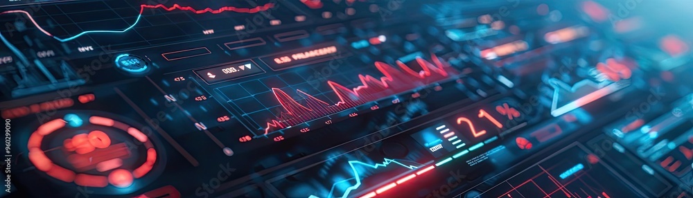Poster futuristic data analysis interface showcasing colorful graphs, metrics, and digital elements, ideal 