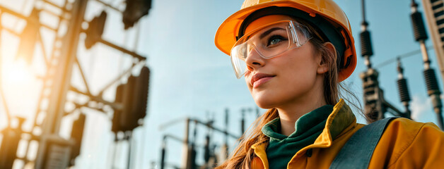 Young female electrician working outside at an industrial electric power station wearing safety clothes