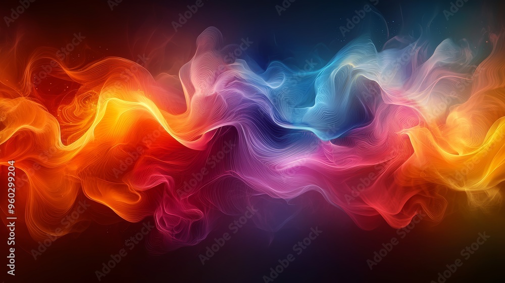 Poster colorful wisps of light swirl together in a vibrant display of abstract patterns against a dark back