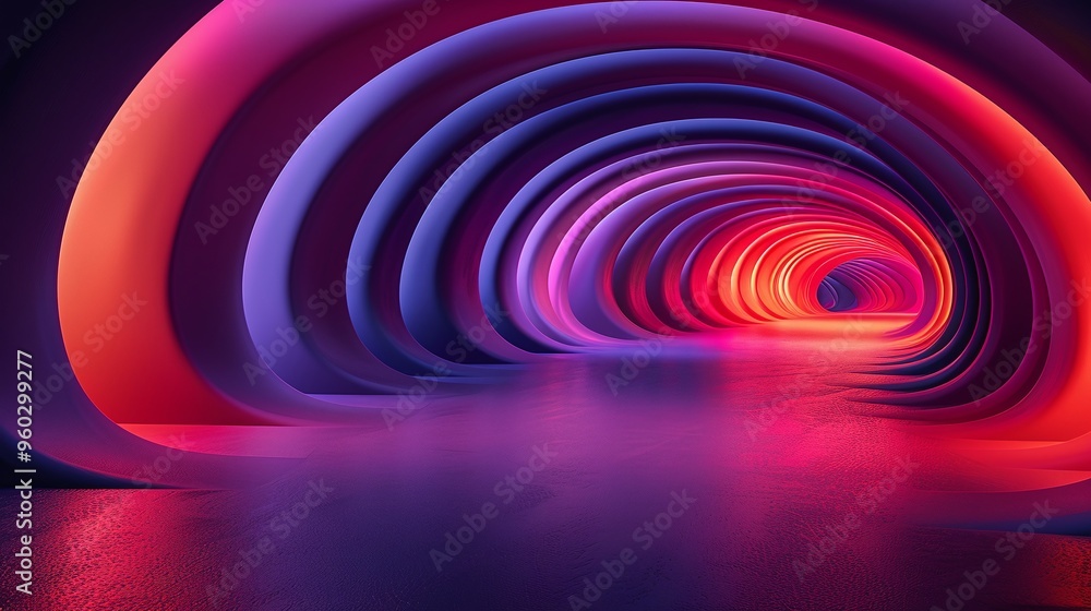 Poster a vibrant tunnel illuminated with colorful neon lights, creating a surreal and captivating atmospher