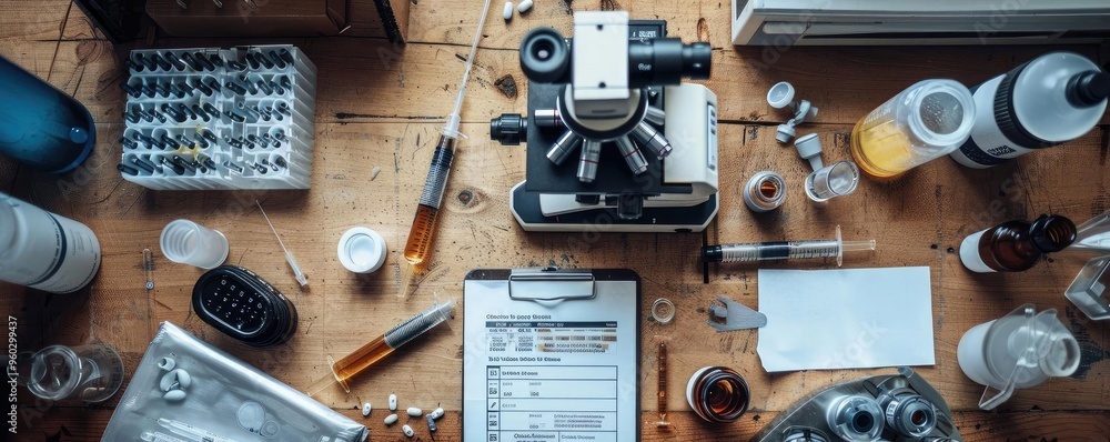 Aufkleber aerial view of a laboratory workspace featuring a microscope and various scientific tools on a woode